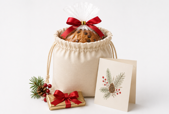Regalo navideño con bolsa de tocuyo para panetón