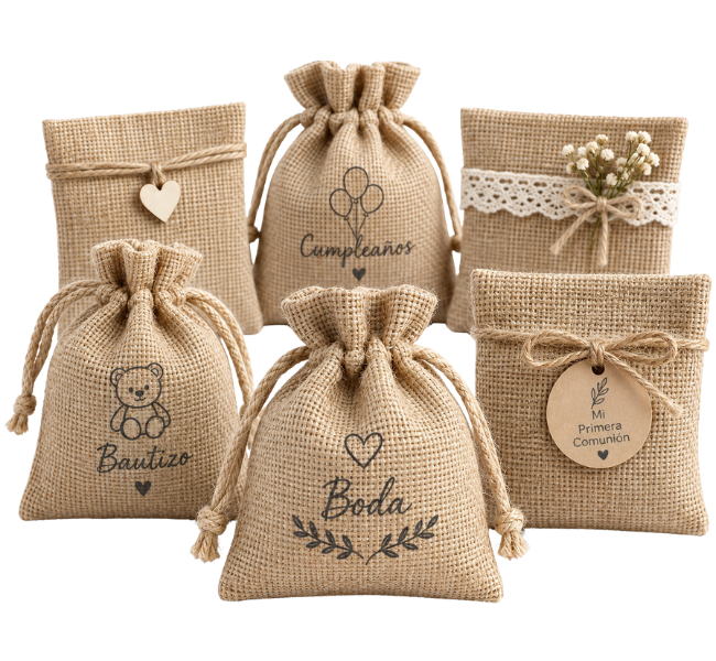 Bolsas de yute para recuerdos de bodas bautizos y cumpleaños