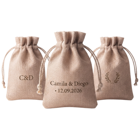 Bolsas de yute para recuerdos personalizadas con nombres y fecha