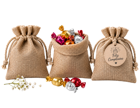 Bolsitas de yute para cumpleaños dulces y sorpresas