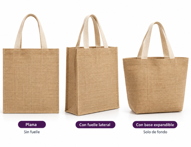Comparación de bolsa de yute plana con fuelle y con base