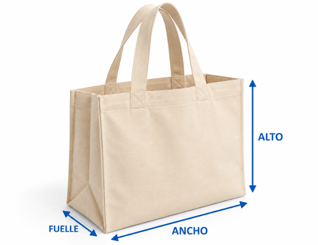 Medidas de bolsa de tocuyo con fuelle ancho alto y profundidad